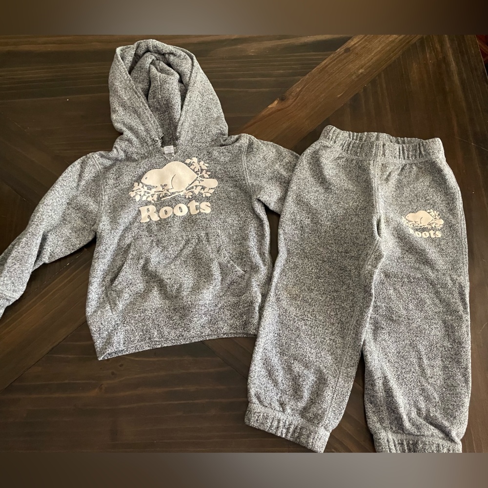 Roots- Kids 2T sweatsuit, hoodie and sweatpants, black and white heather color.